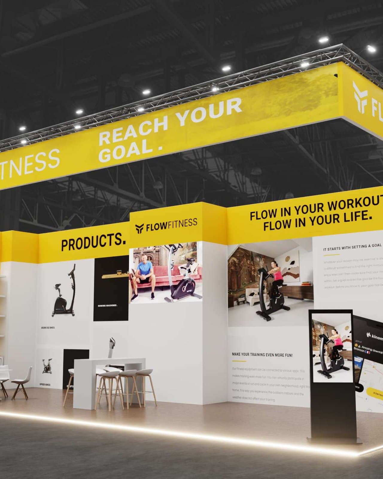 FlowFitness - reach your goal, FlowFitness, ca. 14 × 5 m modulaire beursstand door Niks te Gek